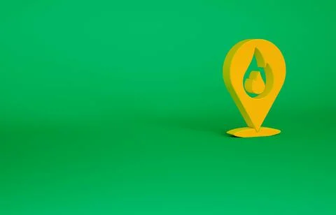 Orange Map pointer with fire flame icon isolated on green background. Fire ne Stock Illustration