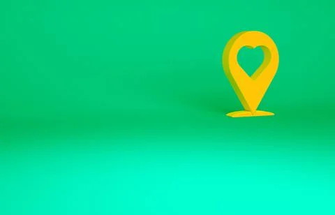 Orange Map pointer with heart icon isolated on green background. Valentines d 스톡 일러스트