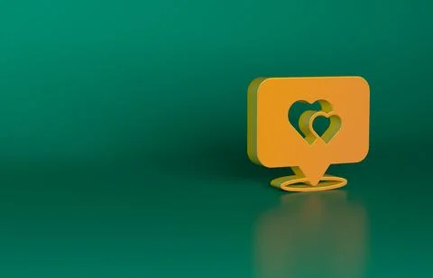 Orange Map pointer with heart icon isolated on green background. Valentines day Stockillustratie