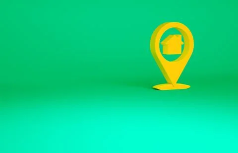 Orange Map pointer with house icon isolated on green background. Home locatio Stock Illustration