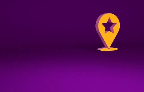 Orange Map pointer with star icon isolated on purple background. Star favorit Illustrazione stock