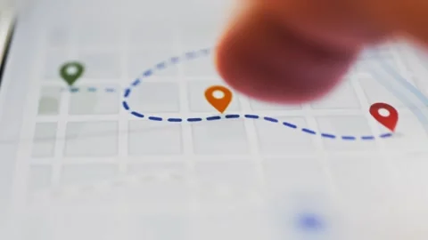Orange marker centered on dotted navigation path Stock Footage 345498810