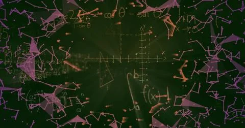 Orange math formulas and coordinate grid floating in digital space, with purple Stock Illustration