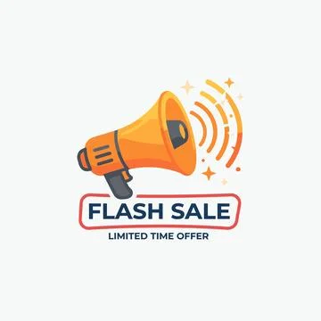 Orange megaphone icon with sound waves and stars, announcing a flash sale. Li Stock Illustration
