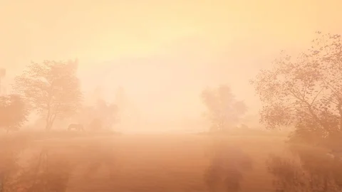 Orange mist of dawn on the river Stock-Footage 125352668