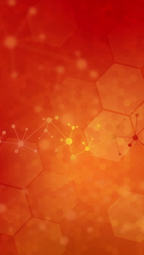 Orange mosaic background of shimmering hexagons. Glowing connected lines and dot Stock Footage 270469474