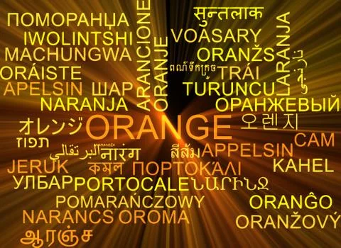 Orange multilanguage wordcloud background concept glowing Stock Illustration
