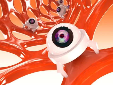 Orange nanotube structure with small robots Stock Illustration
