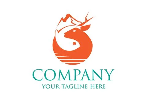 Orange Negative Fish Deer Mountain Logo Design	 Stock Illustration