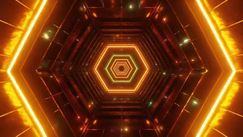 Orange Neon Hexagonal Sci-Fi Tunnel Loop Stock Footage 339056877