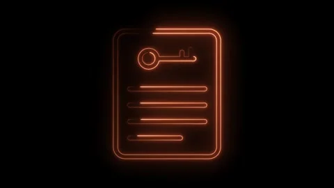 Orange neon key and document icon animation on black background cyber security Stock Footage 322962479