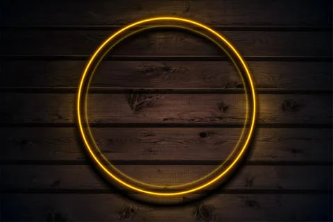 Orange neon luminous circle frame on dark brown wooden abstract background Stockillustratie
