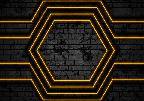 Orange neon technology lines on brick grunge wall Stock Illustration