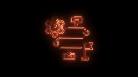 Orange neon workflow animation of gear,speech bubble,download symbol,and fl.. Video stock 345992885