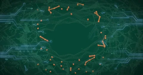 Orange node bits moving inward, sparking rotating ring form around void while Stock Footage 330621731