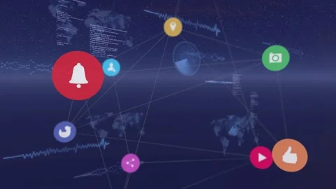 Orange node pulsing, clustered 3D network of icons unfolding and rotating to 스톡 동영상 328527776