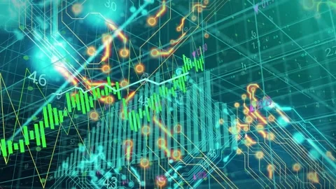 Orange node pulsing, green candlesticks dropping then rising, intersecting line, Vidéo 334884032