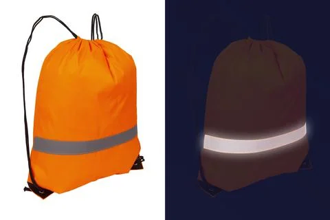 Orange nylon drawstring bag with reflective tape Stock Photos