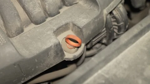 An orange oil dipstick loop sits in a dusty engine. Stock Footage 341334508