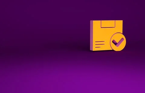 Orange Package box with check mark icon isolated on purple background. Parcel Stock Illustration