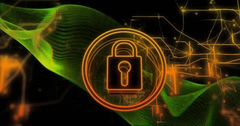 Orange padlock icon spinning in digital background, with neon rings, green mesh イラスト素材