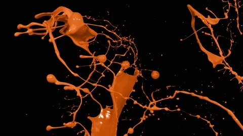 Orange paint splash thrown in slow motion, liquid isolated on black (4K) Stock Footage 137112486