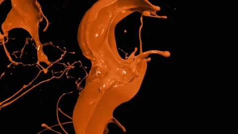 Orange paint splash thrown in slow motion, liquid isolated on black (4K) Stock Footage 137112725