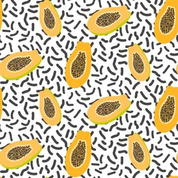 Orange papaya on white dashed seamless pattern Stock Illustration