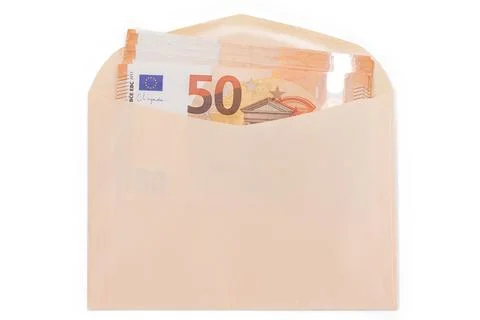 An Orange Paper Envelope with Stack of 50-Euro Banknotes Inside Stockfoto's