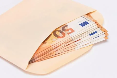 An Orange Paper Envelope with Stack of 50-Euro Banknotes Inside Stockfoto's