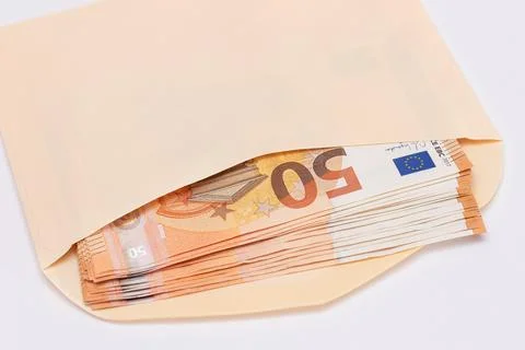 An Orange Paper Envelope with Stack of 50-Euro Banknotes Inside Stock Photos
