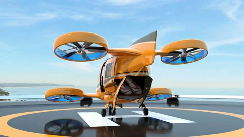 Orange Passenger Drone Taxi on helipad preparing for takeoff Stock Footage