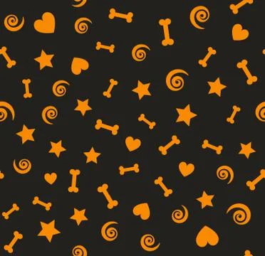 Orange pattern with bones, spirals, stars, hearts. Seamless vect 库存插图