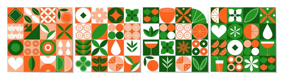 Orange pattern. Food background. Icon tangerine, abstract fruit flower, green Stock Illustration