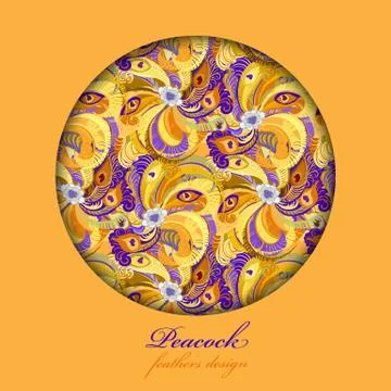 Orange peacock feathers. Circle design. Text place. Stock Illustration
