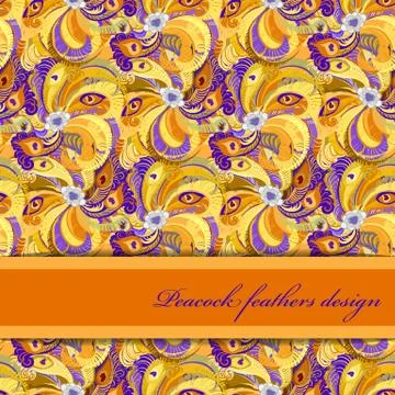 Orange peacock feathers pattern background. Text place. Illustrazione stock