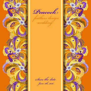 Orange peacock feathers pattern background. Text place. Stock Illustration