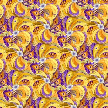 Orange peacock feathers seamless pattern background. Stock Illustration