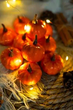 Orange physalis lanterns on table Stock Photos