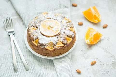 Orange pie with black tea Stock Photos