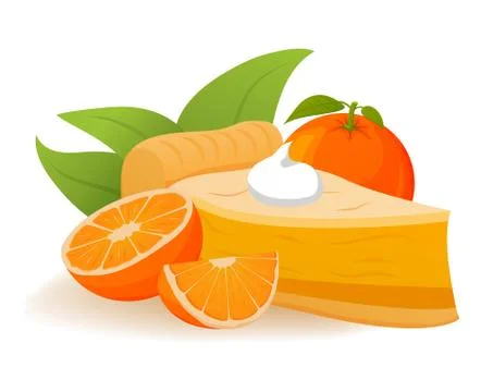 Orange pie Slice topping whipped cream. Tropical fruit dessert concept. Stock Illustration
