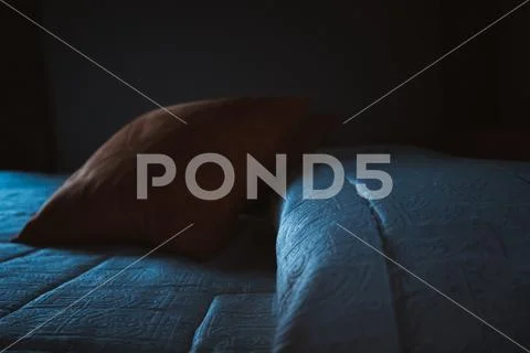 Orange pillow on a bed with low blue soft light Stock Photos