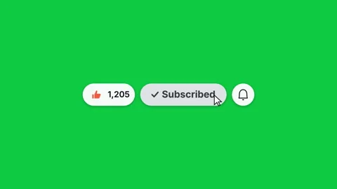 Orange-pink subscribe button and like counter clicked on chroma key green, th Vídeo Stock 346961323