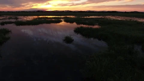 Orange pink sunset sky reflection in lake nature Russia Primopye Aerial 4k       Stock Footage 76152546