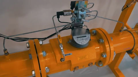 Orange pipe with a fluid meter and other control sensors Stock Footage 98227242
