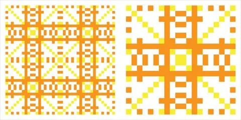 Orange pixel art seamless pattern featuring a bold geometric cross stitch m.. 스톡 일러스트