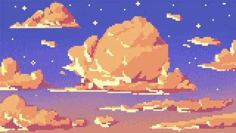 Orange pixel clouds of varying shapes in a sunset sky with stars, 8-bit. Illustrazione stock