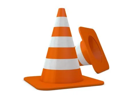 Orange plastic cone with reflective stripes isolated on white background. 3D Stock Photos