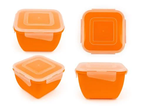 Orange plastic lunch box in various projections isolated on white background Stock Photos