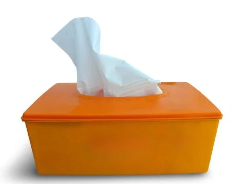 Orange Plastic Tissue Box with a White Paper Tissue Isolated on White Backgr Stock-Fotos